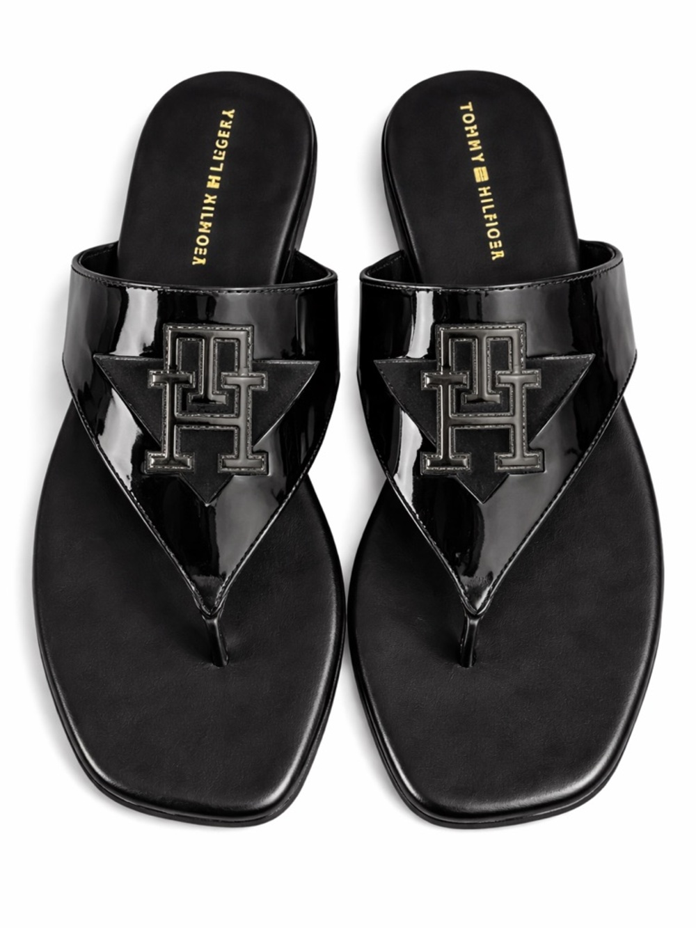 Tommy Hilfiger Black Patent Tremmy Logo Thong Sandals Cutout Slides NWT